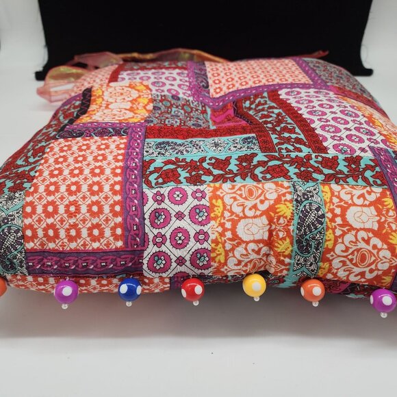 Boho Colorful Patchwork Chair Square Pillow With Ribbon Ties & Beaded Trim - Picture 4 of 6